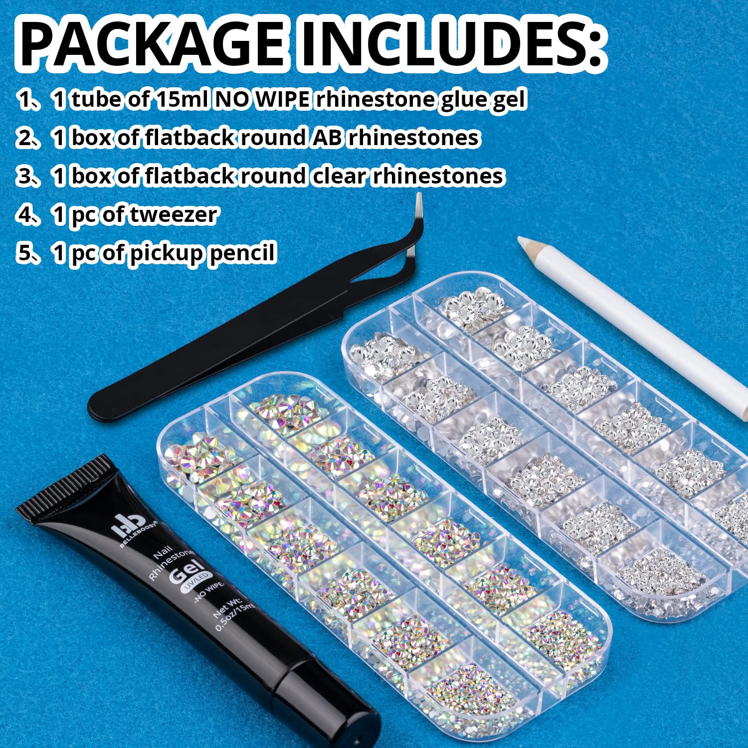 Nail Art Rhinestone Glue Gel&2 Boxes Flatback Gems Kit, 1 Tube of 15ml Rhinestone Gel Glue(UV/LED Needed)+Crystal AB Gems+Flat-Back Round Glass Clear Gemstones with Pickup Tools-Velvo Beauty
