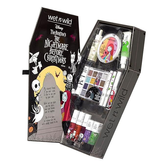 wet n wild Disney Nightmare Before Christmas Limited Edition PR Box - Coffin-Shaped Collector's Set with Eye, Face & Body Makeup, Color-Changing Lip Oils, Tubing Mascara & More - Cruelty-Free-Velvo Beauty