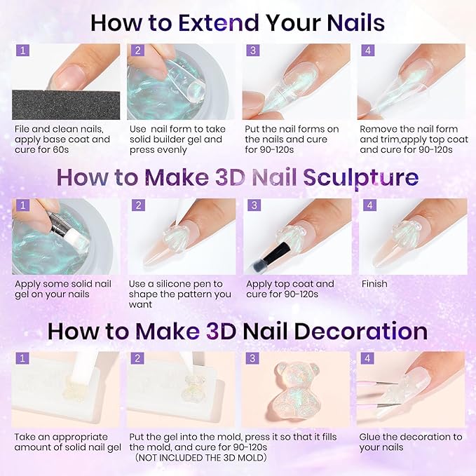 MIZHSE Solid Builder Gel for Nails - 30g/1oz Purple Mermaid Hard Gels for Nails 3D Gel with Dual Forms 3D Sculpting Pen Soak off U V Nail Builder Gels for Extension 3D Nail Art Women-Velvo Beauty