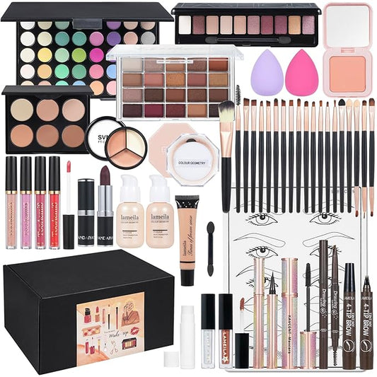 All in One Makeup Kit Makeup Kit for Women Full Kit Multipurpose Makeup ，eyeshadow、 liquid foundation,Loose powder,Eyebrow pencil,4-color lip gloss set-Velvo Beauty