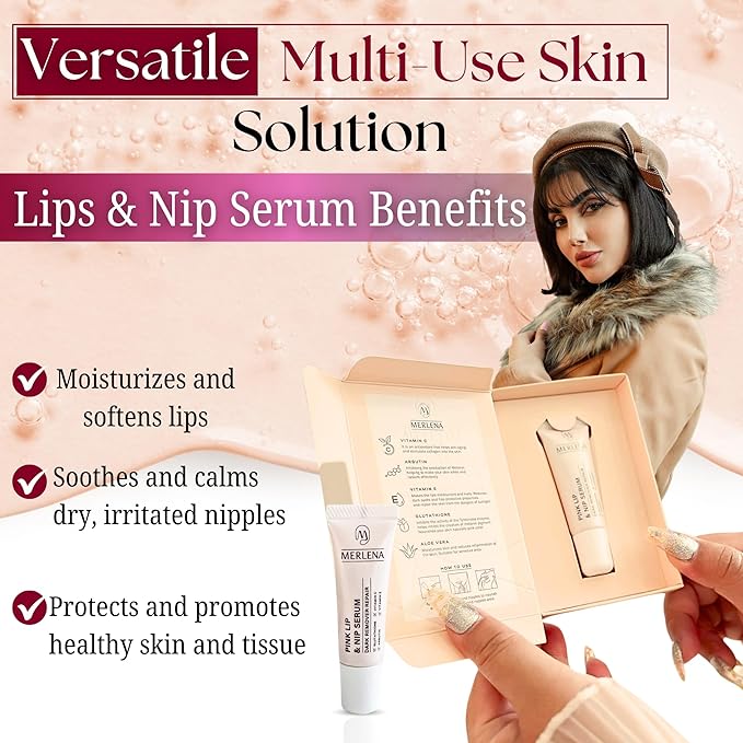 Merlena Pink Lip & Nip Serum - Hydrates and Repairs Dry, Peeling Lips and Nipples, Adds Collagen for Plumpness, Soothes Flaky Skin, Organic Vitamin C & E Formula 8ml-Velvo Beauty