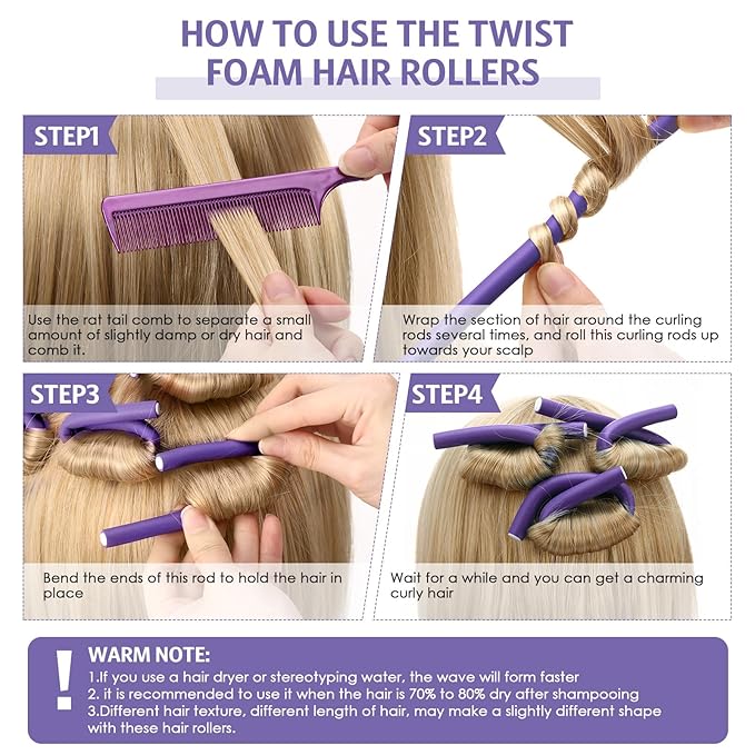 Syhood 30 Pcs 7'' Flexible Curling Rods Twist Foam Hair Rollers Soft Foam No Heat Hair Rods Rollers and 1 Steel Pintail Comb Rat Tail Comb for Women Long Short Hair(Purple,7 x 0.39 Inch)-Velvo Beauty