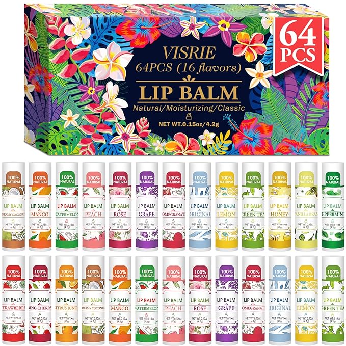 64 Pack Lip Balm, Natural Lip Balm Bulk with Vitamin E and Coconut Oil, Hydrating Lip Balm for Dry Lips, Bulk Lip Balm for Stocking Stuffers - 16 Flavors-Velvo Beauty