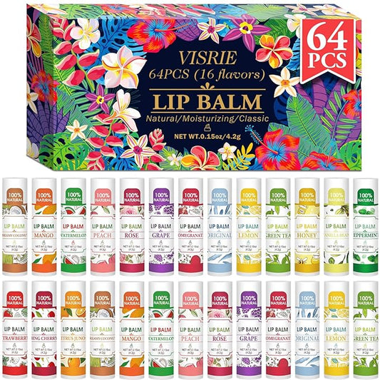 64 Pack Lip Balm, Natural Lip Balm Bulk with Vitamin E and Coconut Oil, Hydrating Lip Balm for Dry Lips, Bulk Lip Balm for Stocking Stuffers - 16 Flavors-Velvo Beauty