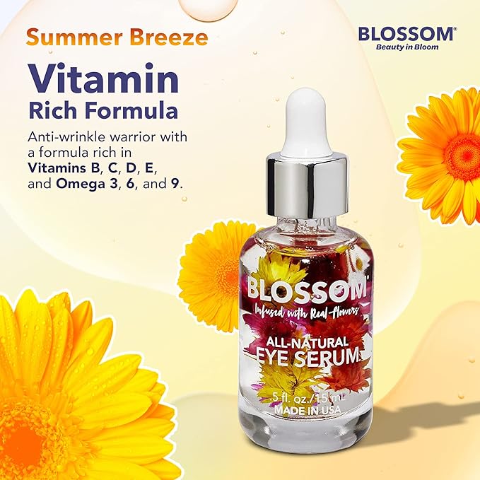 Blossom All Natural Organic Cruelty Free Moisturizing Eye Serum with Essential Oils, Infused with Real Flowers, Made in USA, 0.5 fl. oz., Summer Breeze-Velvo Beauty