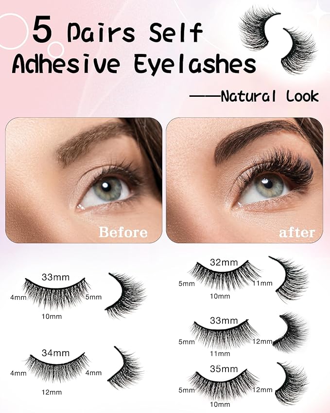 Self Adhesive Eyelashes Natural Look False Eyelashes Reusable Self Stick Lashes, No Glue Needed, 5 Pairs Mixed-Velvo Beauty