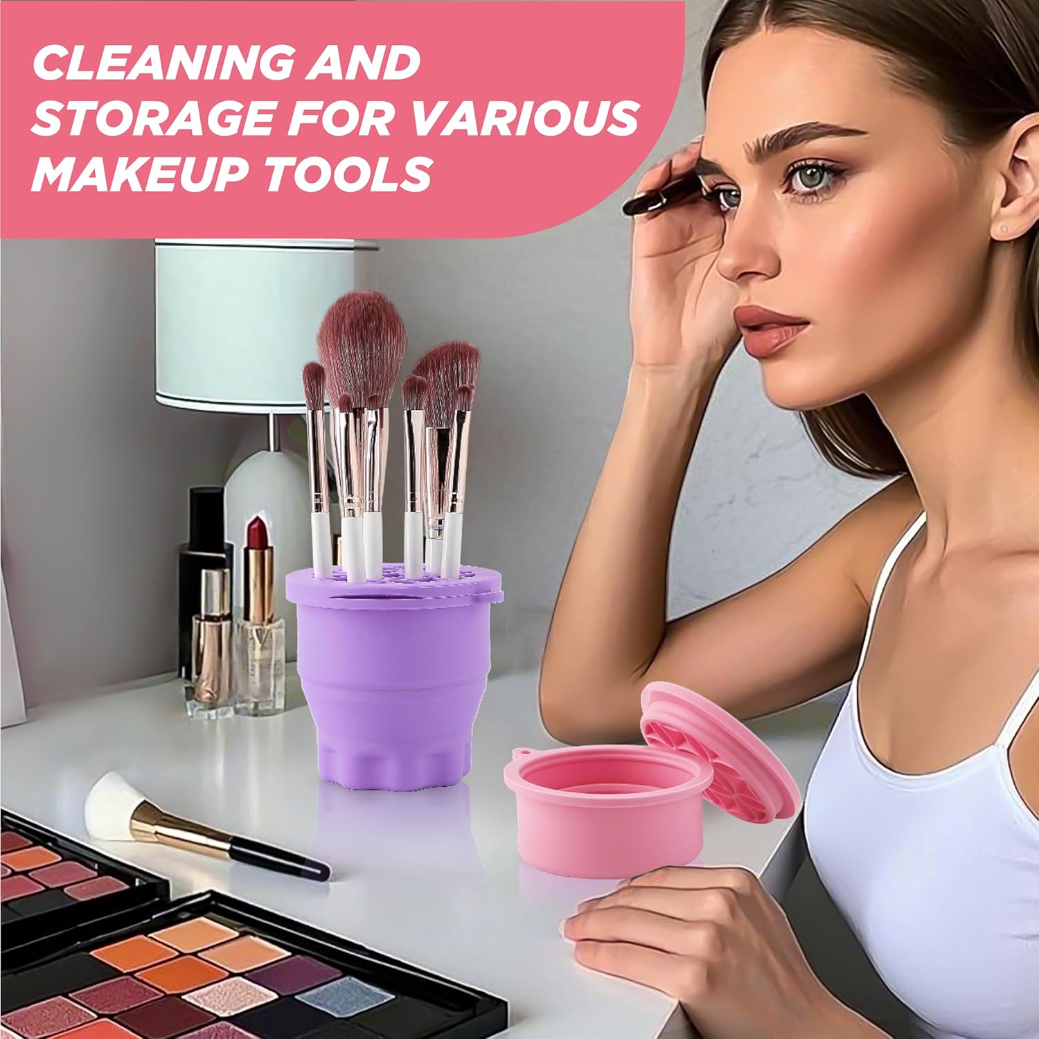 Makeup Brush Cleaner - Foldable Silicone Makeup Brush Cleaner Mat with Brush Storage Holder Makeup Brush Cleaning Bowl Cosmetic Brush Washing Tool for Cleaning Organizer and Drying (Purple and Pink)-Velvo Beauty