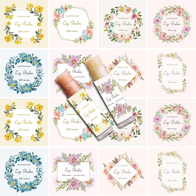 CRASPIRE 80Pcs 8 Styles Lip Balm Sticker Flower Wreath Plants Self-Adhesive Homemade Lip Balm Labels Floral Patter Square DIY Label Stickers for Lip Balm Containers Cosmetics Lipsticks-Velvo Beauty