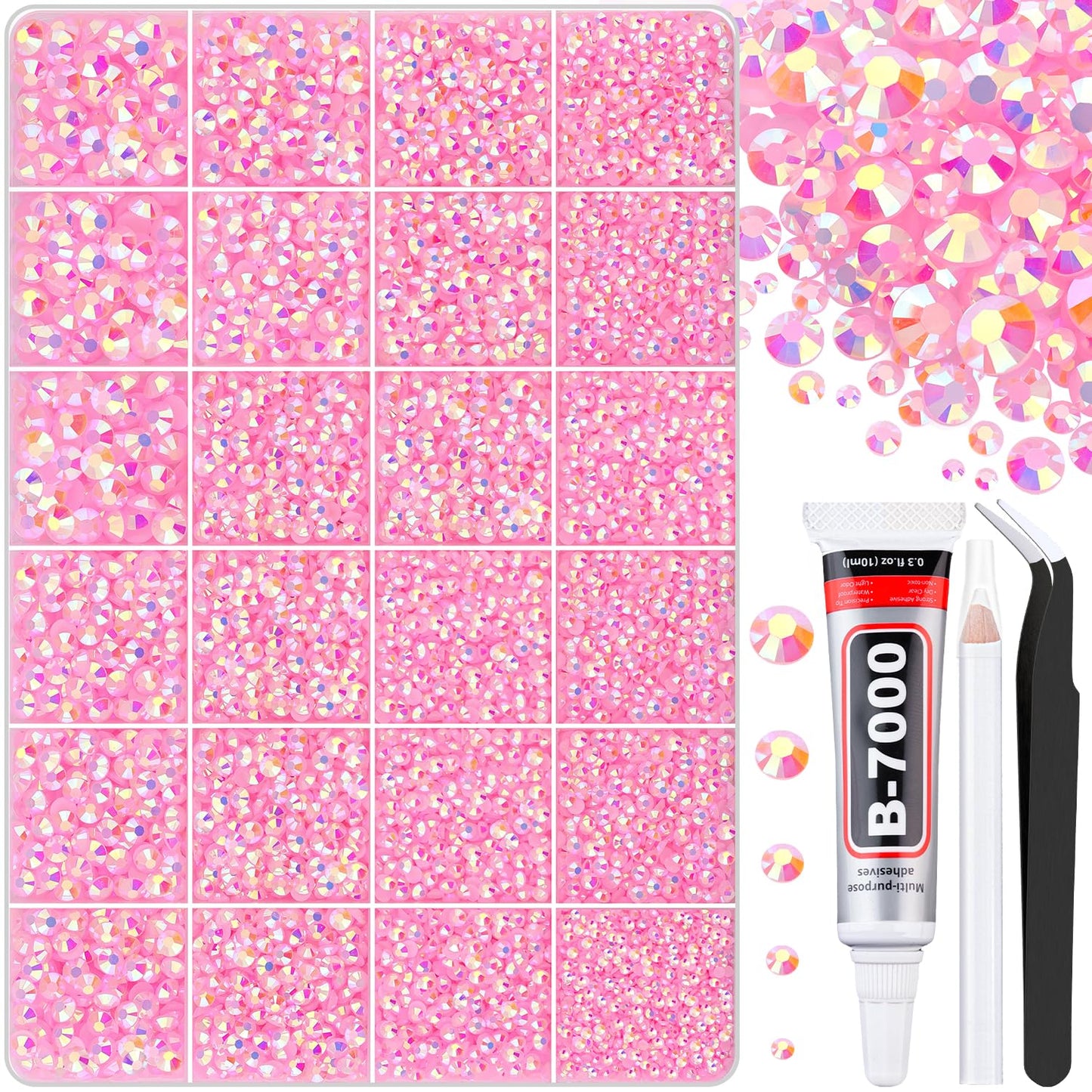 30000Pcs Light Pink AB Rhinestones for Bedazzling with B7000 Jewelry Glue, Bedazzler Kit Flatback Gems, Resin Rhinestones for Crafting Crafts Clothing Shoes Fabric Nail Art Assorted Size 2/3/4/5/6mm-Velvo Beauty