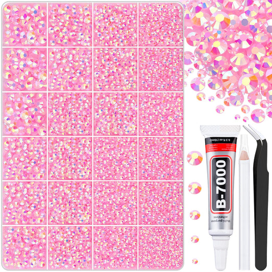 30000Pcs Light Pink AB Rhinestones for Bedazzling with B7000 Jewelry Glue, Bedazzler Kit Flatback Gems, Resin Rhinestones for Crafting Crafts Clothing Shoes Fabric Nail Art Assorted Size 2/3/4/5/6mm-Velvo Beauty