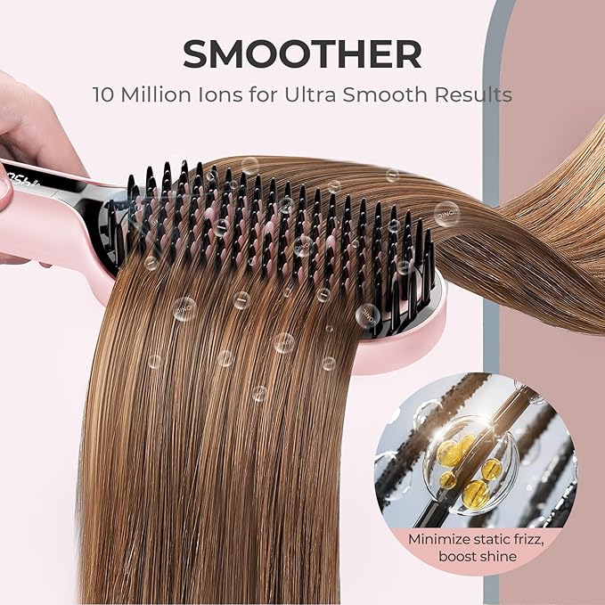 TYMO Hair Straightener Brush - Upgraded Ionic Plus Straightening Brush with Dense Bristles, 16 Temps, Dual Voltage | Ceramic Hot Comb for Women | Flat Iron for Thick Curly Hair, Pink-Velvo Beauty