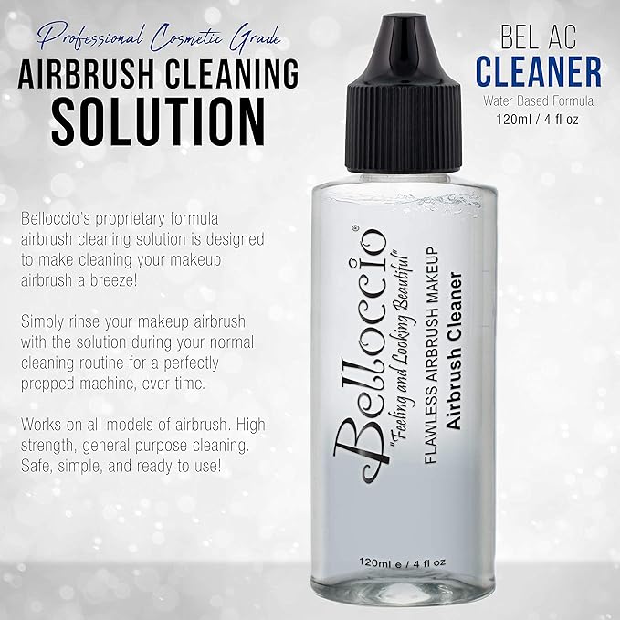 4 Ounce Bottle of Belloccio Makeup Airbrush Cleaner - Fast Acting Cleaning Solution, Quickly Cleans Flushes Out Airbrush Makeup Foundation, Blush, Highlighter - Clean Cosmetic Makeup Brushes, Paint-Velvo Beauty