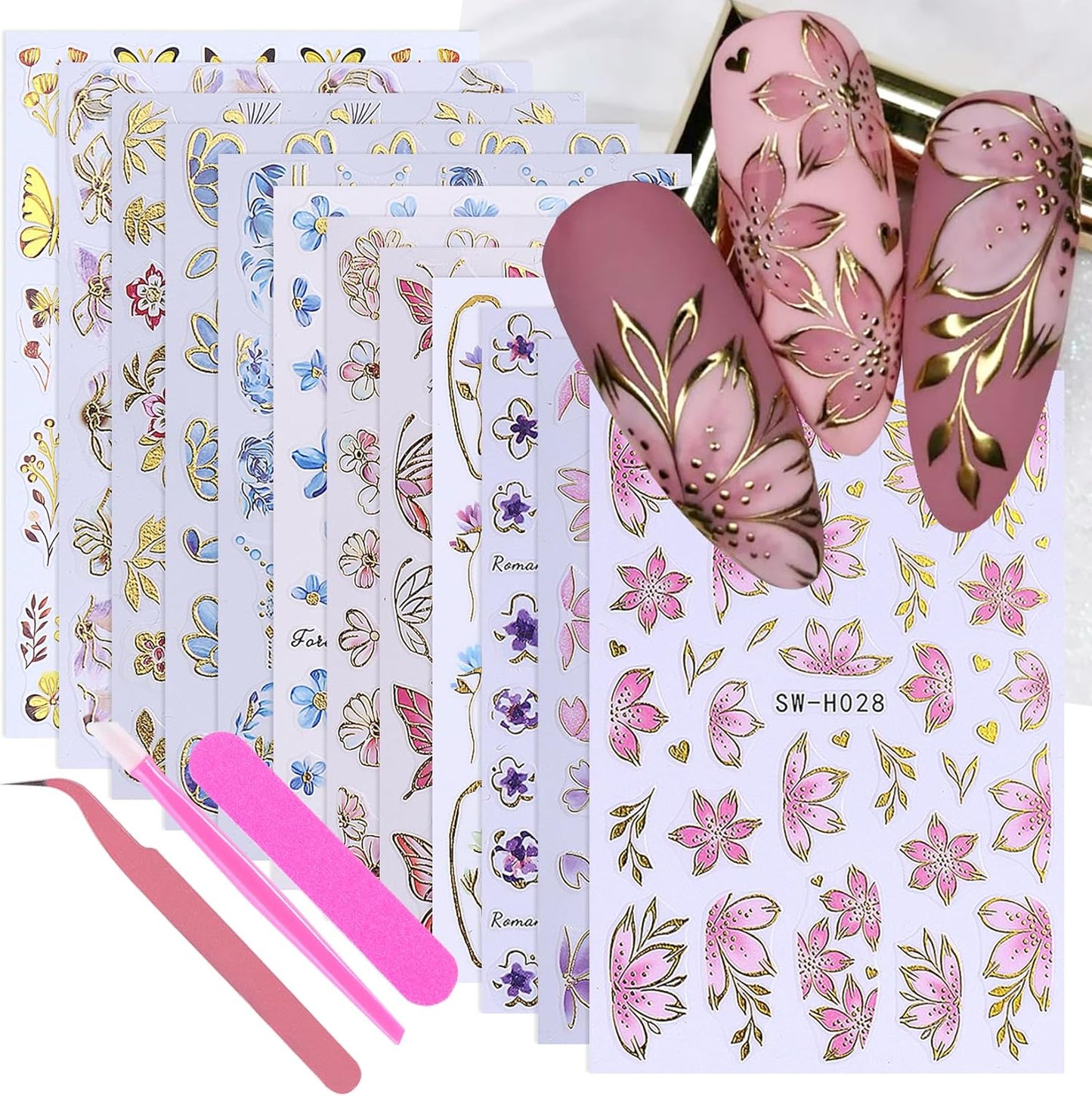 3D Flower Nail Art Stickers Decals Luxury Flower Petal Stickers with Tweezers 12 PCS Self Adhesive Pink Purple Blue Floral Gold Edge Decals Cherry Blossom Lily Summer DIY Manicure Nail Art Decoration-Velvo Beauty