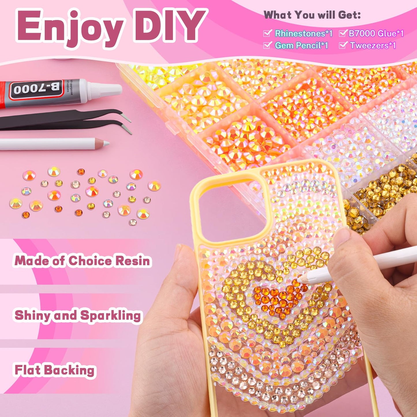 20000Pcs Yellow Rhinestones for Bedazzling with 1Pcs B7000 Jewelry Glue, Resin Rhinestones for Crafting Crafts DIY, Bedazzler Kit Gems for Clothing Shoes Tumblers Nail Art Assorted Size 3/4/5/6mm-Velvo Beauty