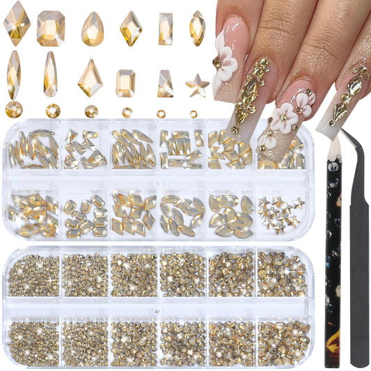 HNUIX Nail Rhinestones - 3D Multi Shape Size Crystal, Champagne Gold Nail Gems, Flat Back, with Kit, for Nail Art, DIY Decorations-Velvo Beauty