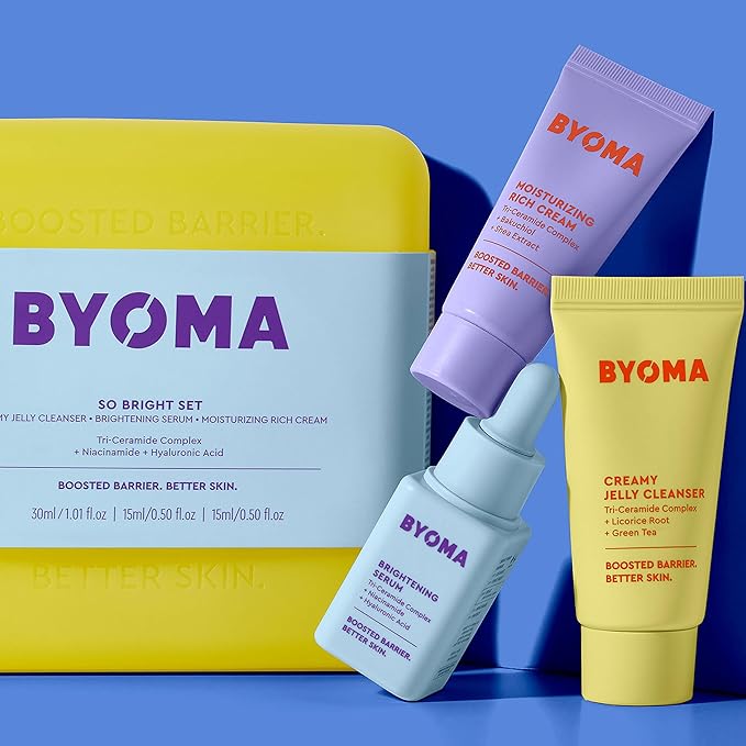 BYOMA So Bright Set - Barrier Repair Skincare Set for Brighter Skin - Creamy Jelly Cleanser, Brightening Face Serum & Ceramide Face Moisturizer - Alcohol Free Skin Care - 30ml, 15ml, 15ml-Velvo Beauty