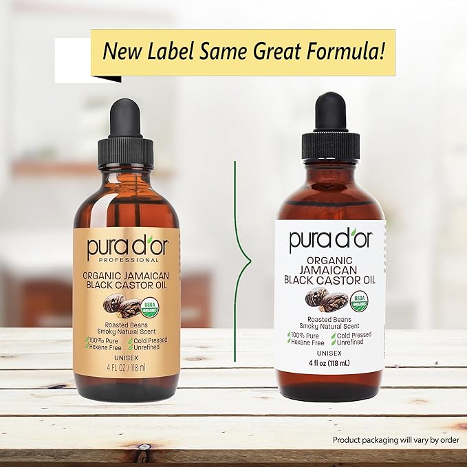 PURA D'OR 4 Oz ORGANIC Jamaican Black Castor Oil - Natural Smoky Scent - w/ 2 BONUS Empty Brushes - 100% Pure USDA Certified Cold Pressed & Roasted, Hexane Free Eyelash & Eyebrow Serum-Velvo Beauty