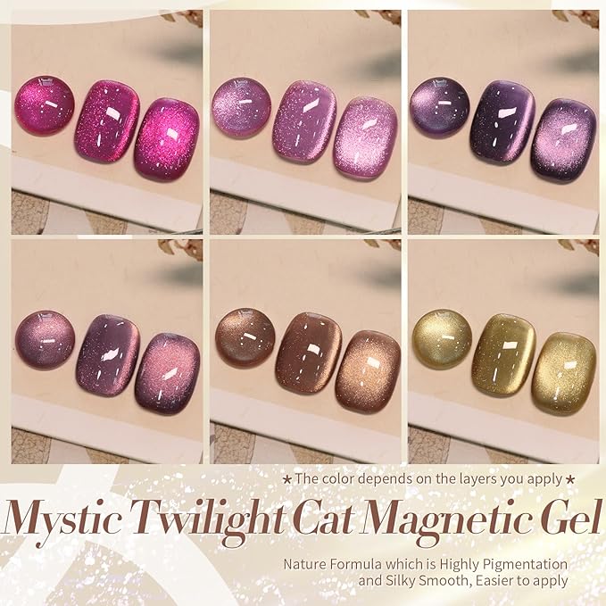 Born Pretty Cat Magnetic Eye Gel Nail Polish, Fall Winter Jelly Glass Magnetic Gel Polish, Purple Brown Pink Nude Glitter Soak Off Nail Art Salon Manicure Home Gift 7ml 6pcs-Velvo Beauty