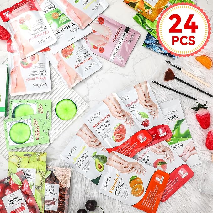24 Pcs Fruits Beauty Facial Hand Foot Mask Cooling Eye Pads Set Spa Party Night Kit Beauty Skincare Hydrating Skin Cooling Eye Masks for Puffy Eyes Spa Stocking Stuffers Night Summer Party-Velvo Beauty