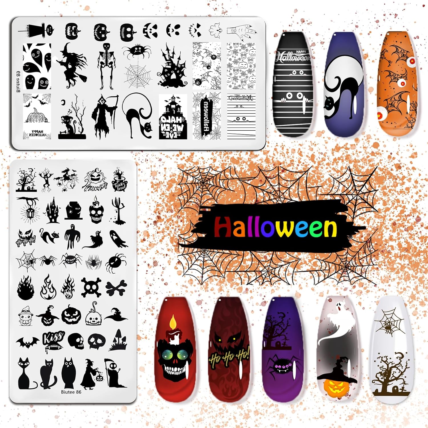 Biutee Nail Stamping Plates 8PCS Nail Stamping Polish Gel and Nail Stamper Kit 10 PCS Nail Art Stamper Plates, French Flower Leaves Animal Lace Halloween Design (10 PCS Plates With 8 PCS Gel)-Velvo Beauty