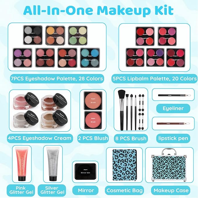 Anpro All-In-One Leopord Double Folding Makeup Carry Case with Pro Teen Makeup Set, Full Starter Kit with Makeup Brushes, Lipsticks, Eyeshadow Palette, Blushes, Glitter Gel, Ideal Present for Girls-Velvo Beauty