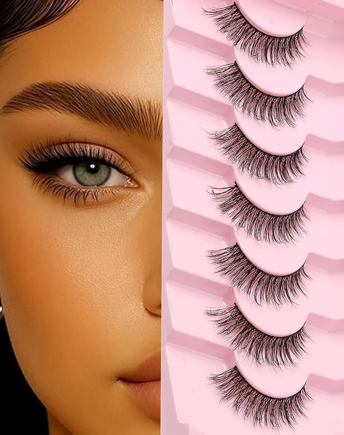 Natural Lashes Wispy False Eyelashes Strip Flared Natural Look Eyelash CatEye Lash Soft Lashes Fluffy Mink Eyelash Pack 7 Pairs 16MM D76-Velvo Beauty