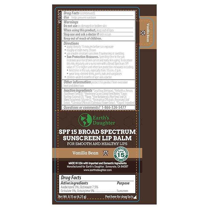 SPF Lip Balm 4-Pack by Earth's Daughter - Lip Sunscreen, SPF 15, Organic Ingredients, Vanilla Flavor, Beeswax, Coconut Oil, Vitamin E - Hypoallergenic, Paraben Free, Gluten Free-Velvo Beauty