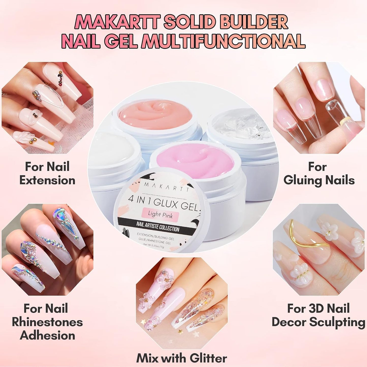 Makartt 3d Gel Nail Art Kit: Non-Stick-Hand Solid Gel Builder, All in One, Clear White Pink 4 Colors Base Top Coat UV LED Lamp File Dual Forms Picker Tool Cuticle Pusher Silicone Molds Sculpting Brush-Velvo Beauty