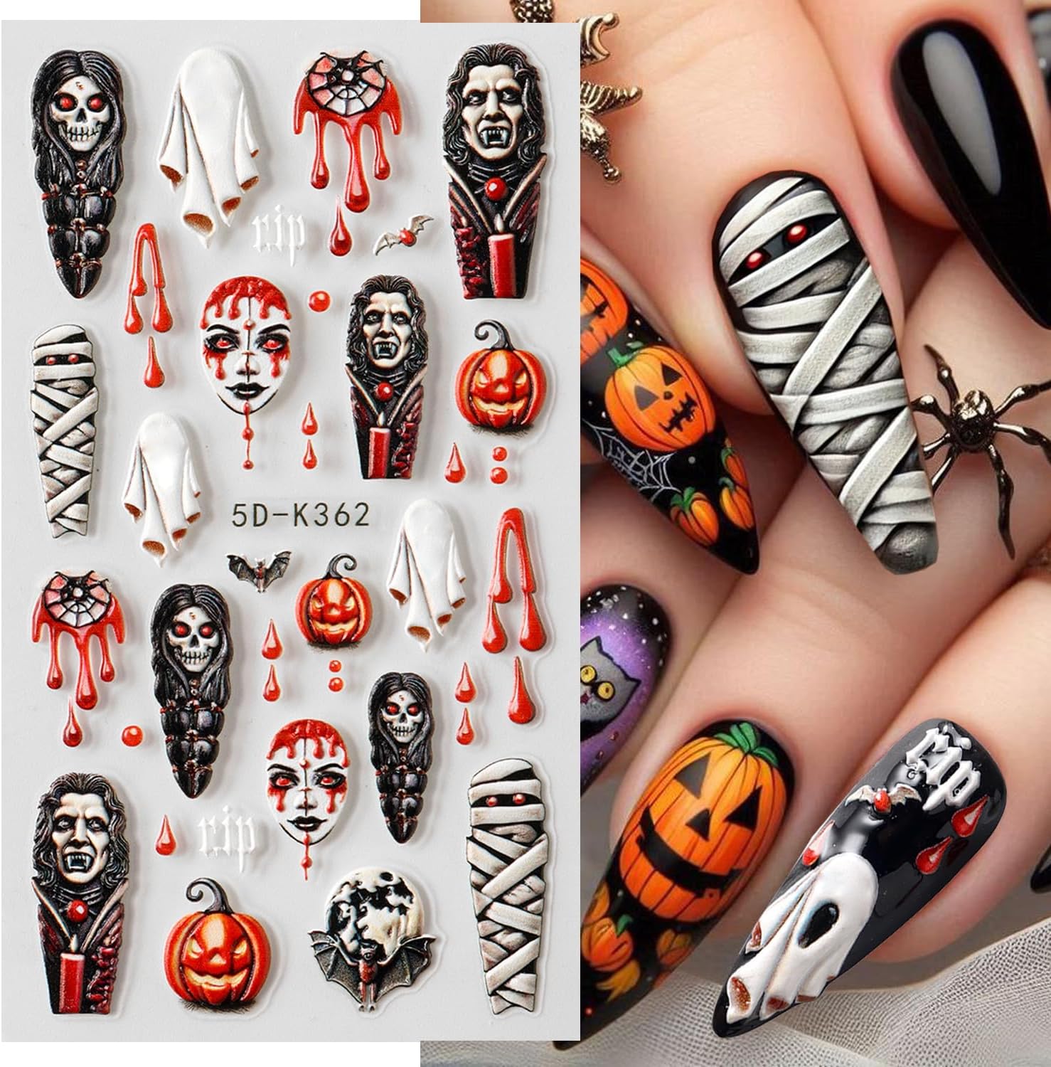 2 Sheets Halloween Nail Art Stickers 5D Embossed Horror Ghost Nail Stickers Big Red Lips Pumpkin Devil's Flame Eye Bat Design Terror Spider Mummy Nail Decals for Women Acrylic DIY Nail Decorations-Velvo Beauty