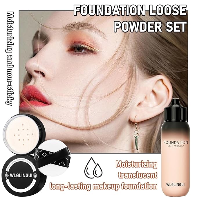 Full Coverage Liquid Foundation Makeup Set,Oil Control Concealer Long Lasting Waterproof Loose Setting Face Powder,Moisturizing BB Cream Set with Soft Makeup Sponge and Foundation Makeup Brush（4PCS）-Velvo Beauty