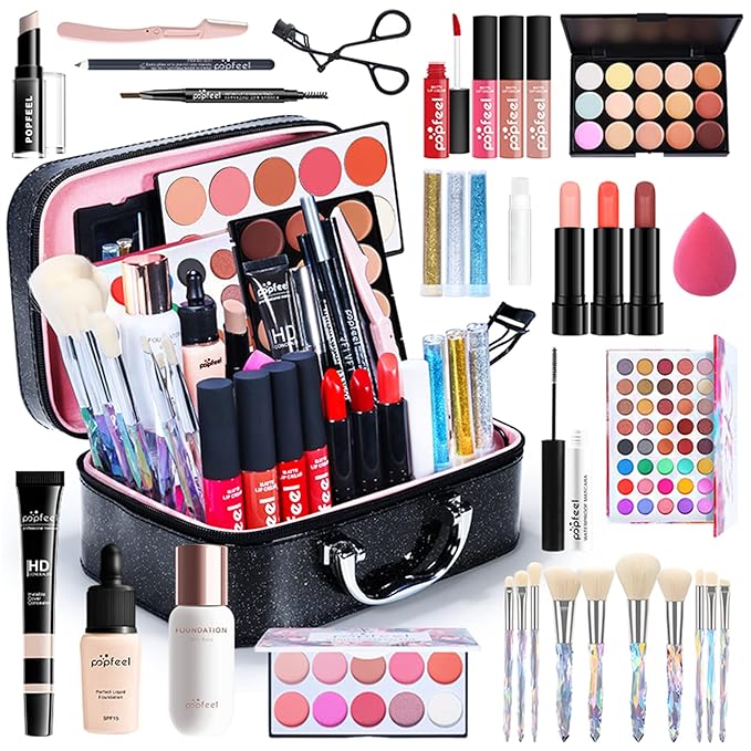All in One Makeup Kit For Beginners Full Kit, Full Makeup Kit For Teen Girls, Makeup Gift Set, Include Eyeshadows, Concealer, Cosmetic brush, Lip Gloss, Lipstick, Powder puff, Mascara -007-Velvo Beauty