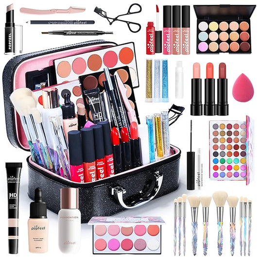 All in One Makeup Kit For Beginners Full Kit, Full Makeup Kit For Teen Girls, Makeup Gift Set, Include Eyeshadows, Concealer, Cosmetic brush, Lip Gloss, Lipstick, Powder puff, Mascara -007-Velvo Beauty