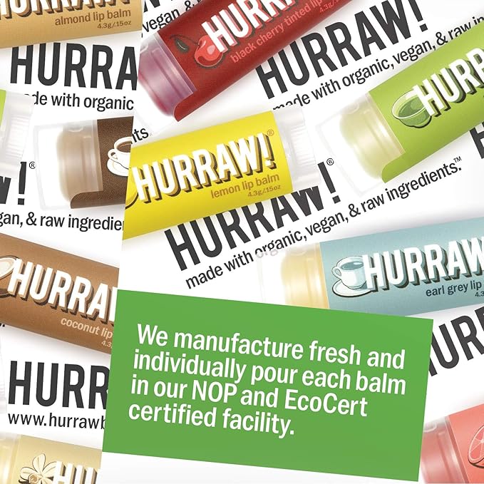 Hurraw! Lip Balms Staff Favorites, 6 Balm Bundle Pack: Black Cherry Tinted (Sheer Red Tint), Orange, Lemon, Mint, Earl Grey, Raspberry Tinted (Sheer Berry Tint). Organic, vegan & raw ingredients.-Velvo Beauty