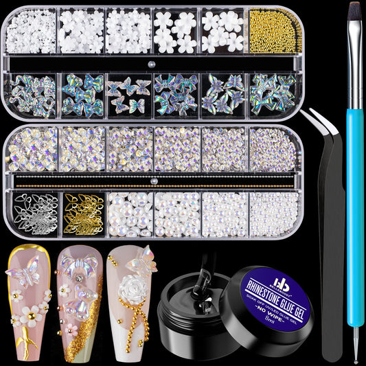 Mixed 3D Nail Art Gem Decoration Accessories Kit #5, Aurora Bear Bow Butterfly Starry AB Rhinestone Charm Jewelry for Deco, Pearl Flower Caviar Bead Stone Crystal with Dual-End Brush and Tweezer-Velvo Beauty