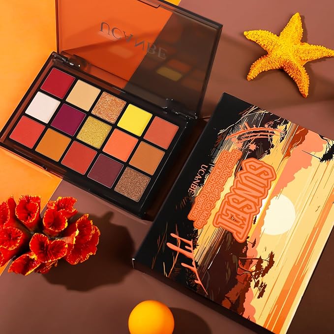 UCANBE Orange Eyeshadow Makeup Palette, 15 Colors Vibrant Shimmer Matte Glitter Eye Shadow Pallet, High Pigmented Warm Yellow Sunset Red Coral for Fall Cosplay Halloween Costume Parties Pumpkin Makeup-Velvo Beauty