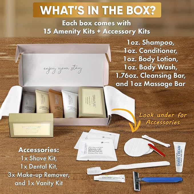 Terra Pure Spa Collection Amenity & Accessory Kit |1 oz Travel Size Shampoo, Conditioner, Lotion, Body Wash, 2 Soap Bars, Shave & Dental Sets, Make-Up Remover Wipes, & Vanity Kit | 15 sets/case-Velvo Beauty