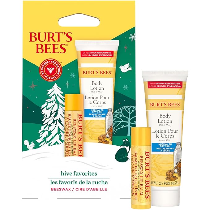 Burt's Bees Hive Favorites Beeswax Holiday Gift Set, Beeswax Lip Balm and Travel Size Body Lotion with Milk and Honey-Velvo Beauty