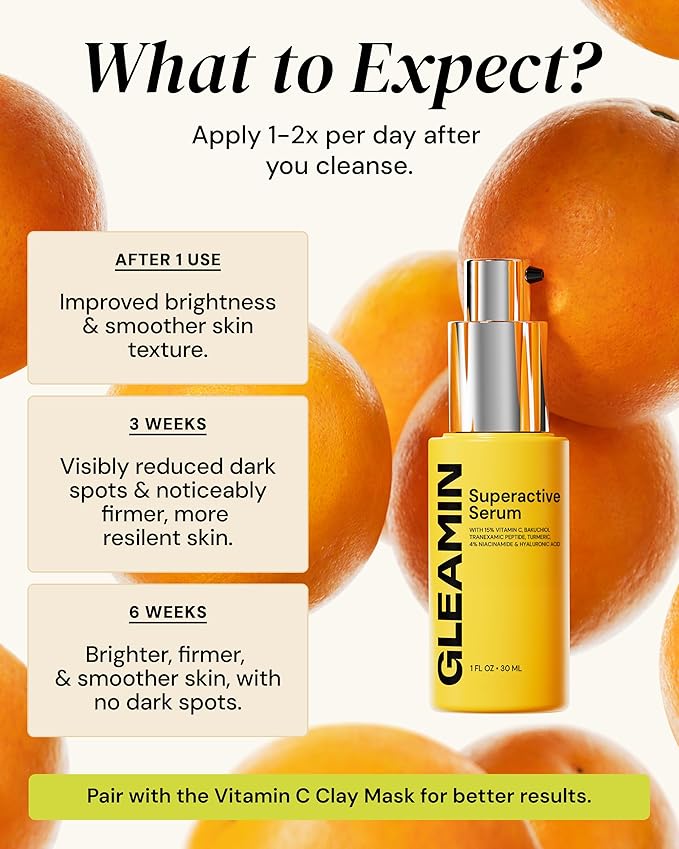 Gleamin Superactive Vitamin C Serum for Face with 15% Vitamin C, Niacinamide, Bakuchiol & Hyaluronic Acid – Skin Brightening Facial Serum for Women & Men – Dark Spot Remover & Radiant Glow – 1 fl oz-Velvo Beauty