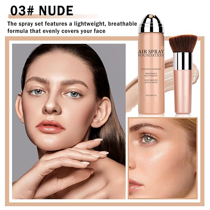 NVLEPTAP Airbrush Foundation Makeup Spray Silky Lightweight Full Coverage Foundation Face Air Cushion Foundation Set with Soft Makeup Brush - 03 Nude-Velvo Beauty