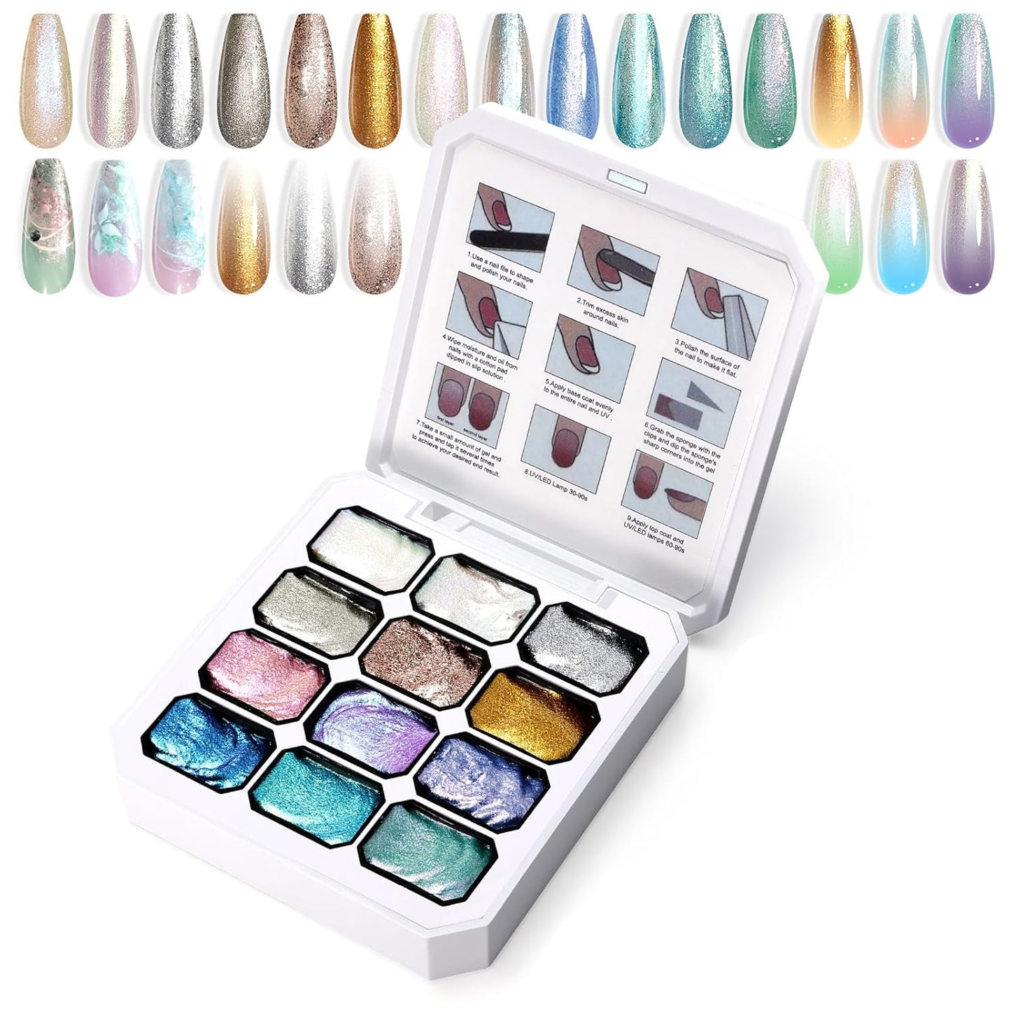 Gradient Painting Gel, 12 Gliter Colors Ombre Gel Nail Polish for Pigment Pat Silver&Gold Pink Blue Aurora color Bright Nails, French Manicure DIY Nail Art No-wipe Palette for Women-Velvo Beauty