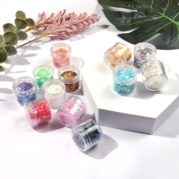 Allstarry 12 Colors Mermaid Nail Chunky Glitter Ultra-Thin Fluorescent Glass Paper Irregular Iridescent Sequin Flakes Glitters Sticker for Nails Art Decoration Hair Eyes Face Body DIY Craft-Velvo Beauty