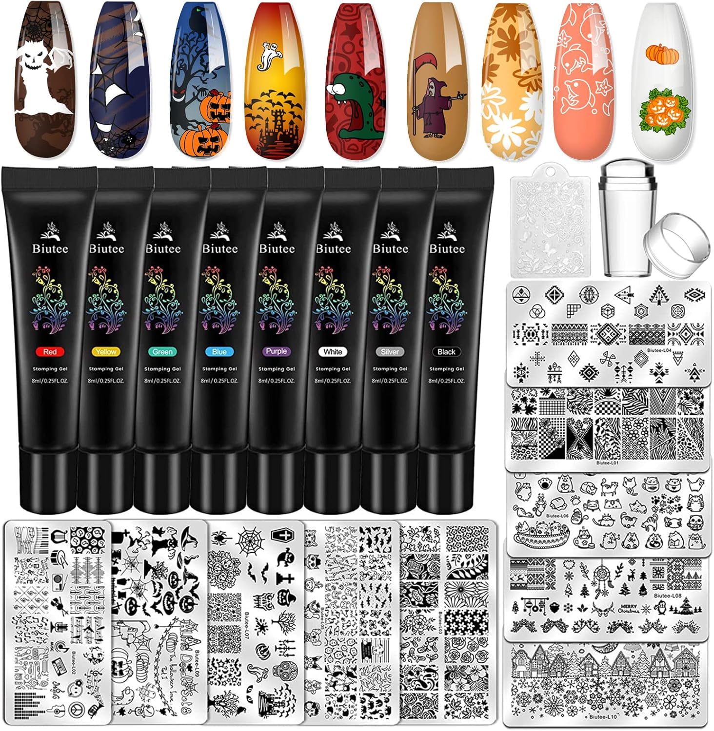 Biutee Nail Stamping Plates set 8 pcs Nail stamping polish gel 10pcs Templates with stamper Nail Art Plates set Valentine Nail Plates animal flower Rose design-Velvo Beauty