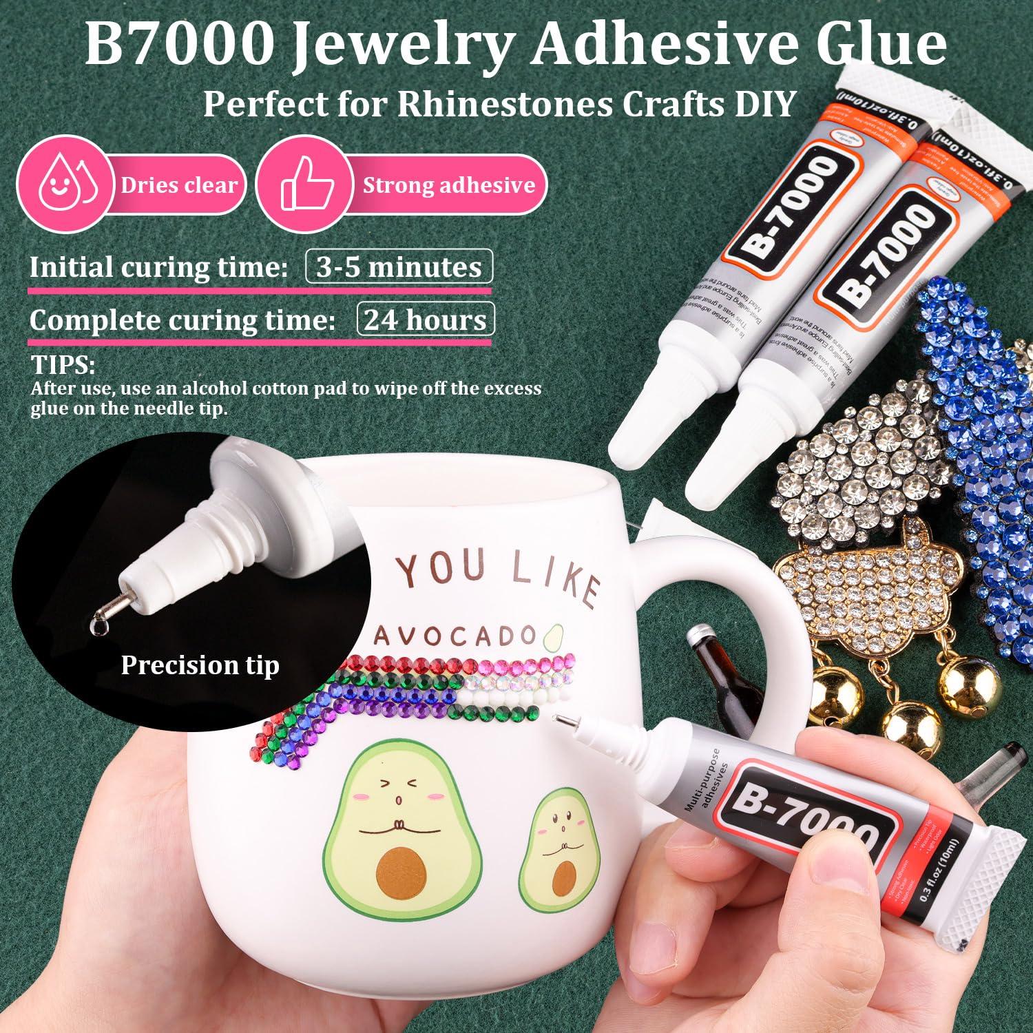 Resin Rhinestones for Crafting with B7000 Jewelry Glue, 1 Box Mix Colors 3mm Flatback Crystals with 3Pcs 10ml Glue for Bedazzling Crafts DIY Nail Art Makeup，Non Hotfix Gems for Clothing Shoes-Velvo Beauty