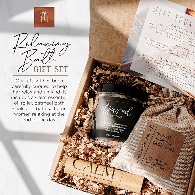 Relaxing Bath Gift Set, Luxury Spa Gifts for Women, Self Care Products for Women and Men, Calm Essential Oil Roller, Oatmeal Lavender Bath Soak & Epsom Salts with Essential Oils-Velvo Beauty