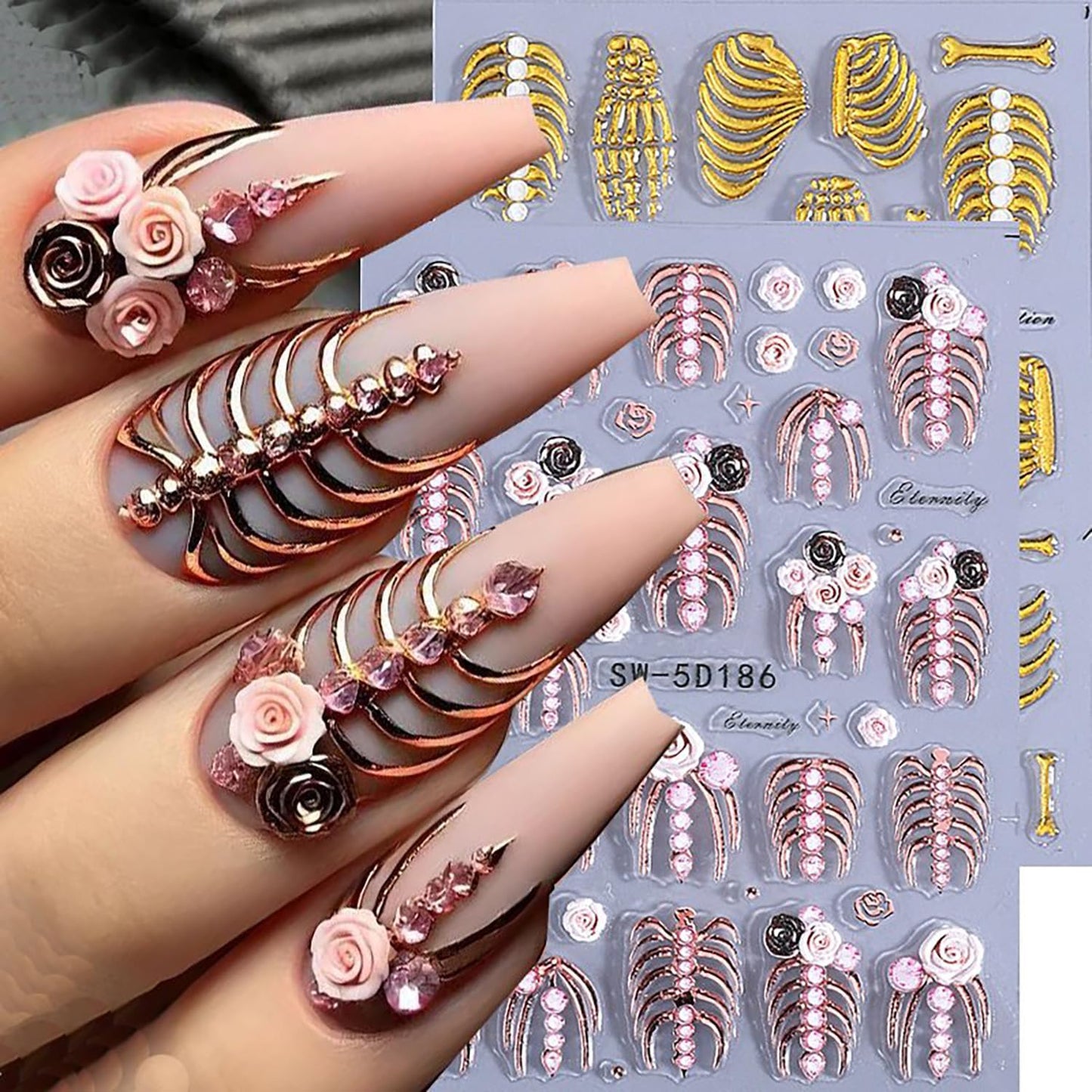 Halloween Nail Art Stickers 5D Relief Skeleton Hand Rose Flowers Nail Decals Self -Adhesive Gold Rose Gold White Nail Decals Holographic Halloween Nail Decoration for Women Manicure Supplies-Velvo Beauty