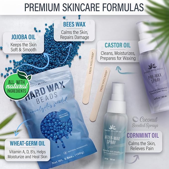 Tress Wellness Waxing Kit for Sensitive Skin – Safe for Face & Skin, Prep & Aftercare Spray, Easy to Use – At-Home Kit for Face, Bikini, Brazilian & Full Body - Digital Display, Blue-Velvo Beauty