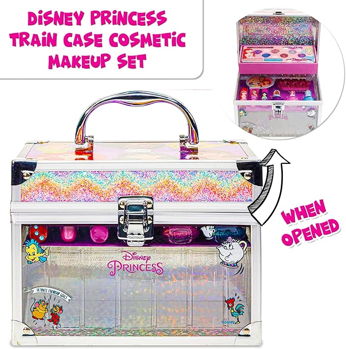 Disney Princess Train Case Girls Beauty Set, Kids Makeup Kit for Girls, Real Washable Toy Makeup Set, Play Makeup, Pretend Play, Party Favor, Birthday, Toys Ages 3 4 5 6 7 8 9 10 11 12-Velvo Beauty