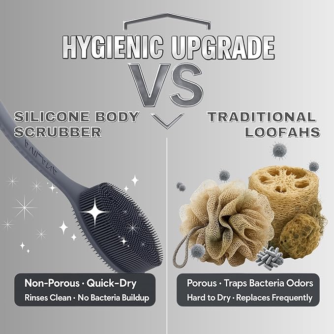 Avilana Silicone Body Scrubber – Gentle Shower Brush & Loofah Alternative- Food Grade & Lab Tested – Fast-Drying, Hygienic, BPA-Free Silicone Body Gentle Exfoliator (Dark Gray, Long Handle)-Velvo Beauty