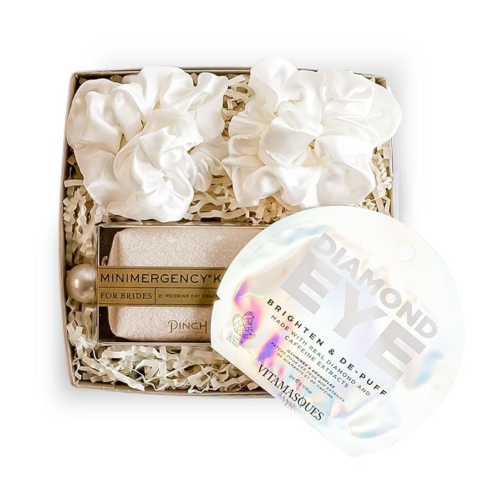 Bride Gift Box - Bride to Be Gift Set for Bridal Shower, Engagement Party, Bachelorette Party, Wedding Shower - White Silk Sateen Hair Scrunchies, Diamond Eye Mask, Bride Emergancy Kit-Velvo Beauty