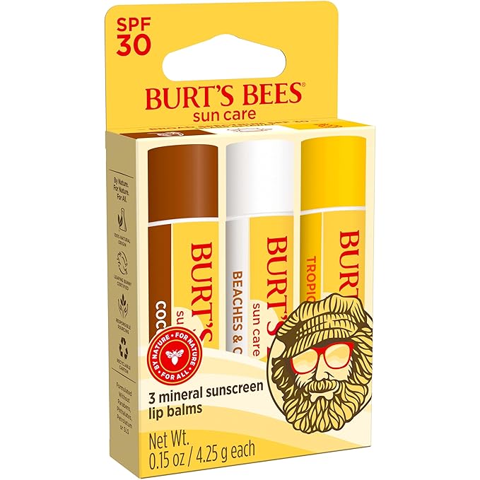 Burt’s Bees SPF 30 Lip Balm Mothers Day Gifts for Mom, Island Getaway - Coco Loco, Beaches & Cream, Tropic Like It's Hot, Water-Resistant Sun Care, Natural Origin Lip Treatment, 3 Tubes, 0.15 oz-Velvo Beauty